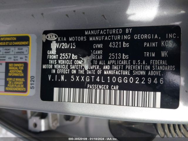 Photo 8 VIN: 5XXGT4L10GG022946 - KIA OPTIMA 