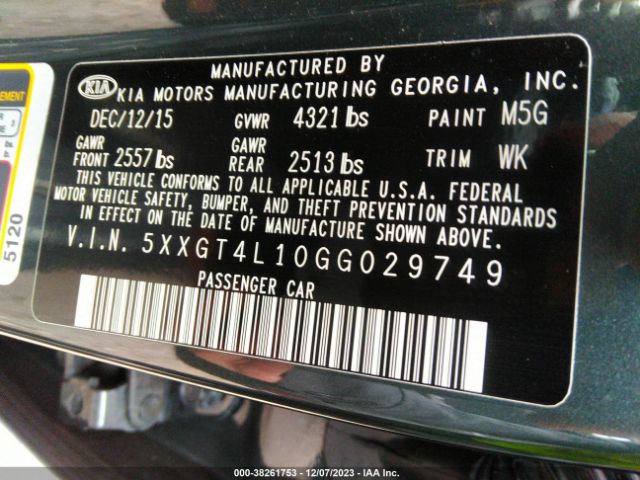 Photo 8 VIN: 5XXGT4L10GG029749 - KIA OPTIMA 