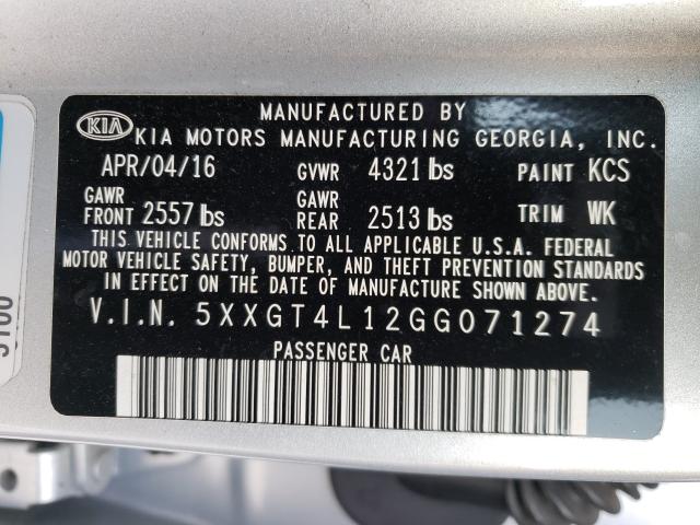 Photo 9 VIN: 5XXGT4L12GG071274 - KIA OPTIMA LX 