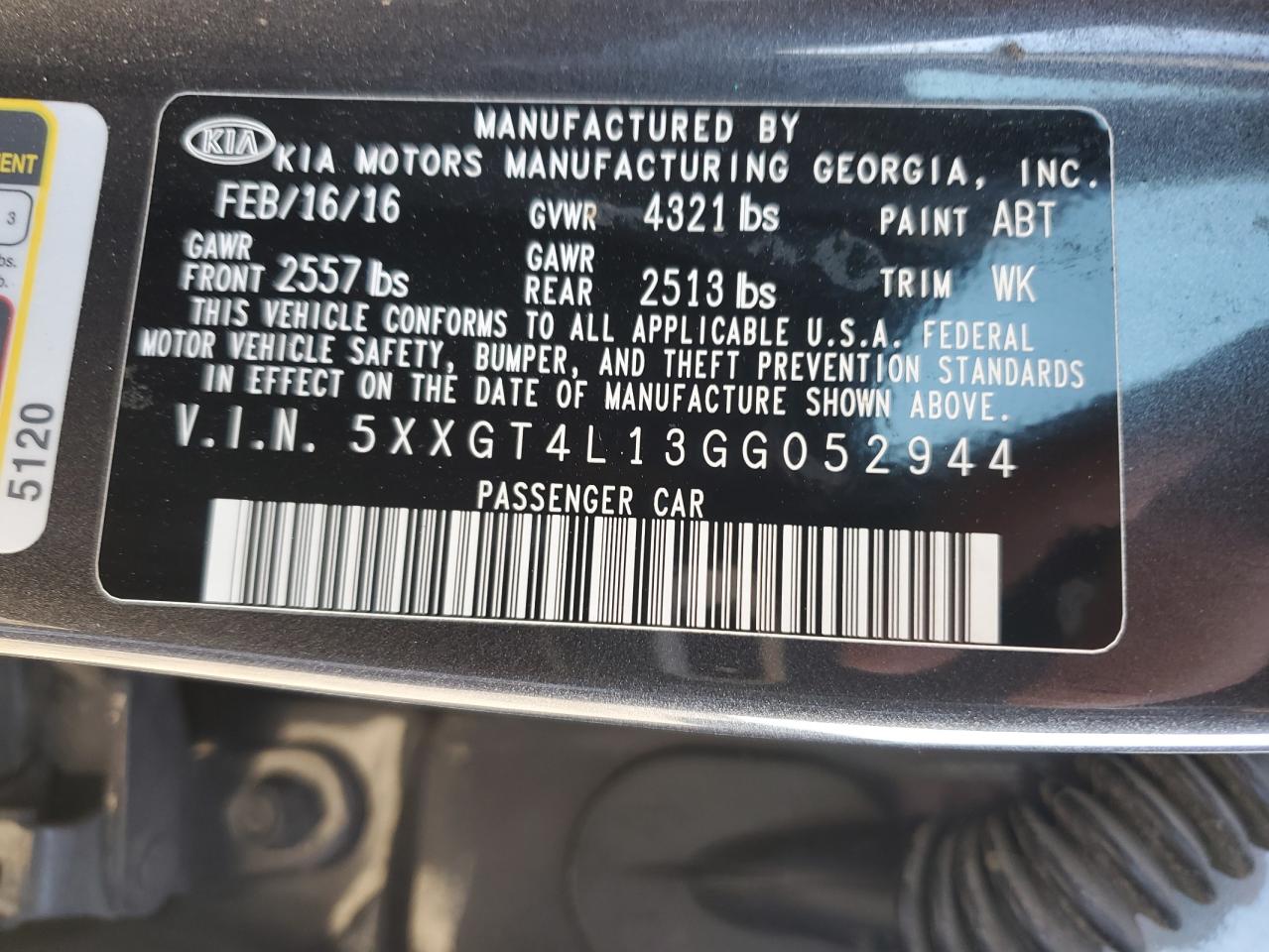 Photo 11 VIN: 5XXGT4L13GG052944 - KIA OPTIMA 