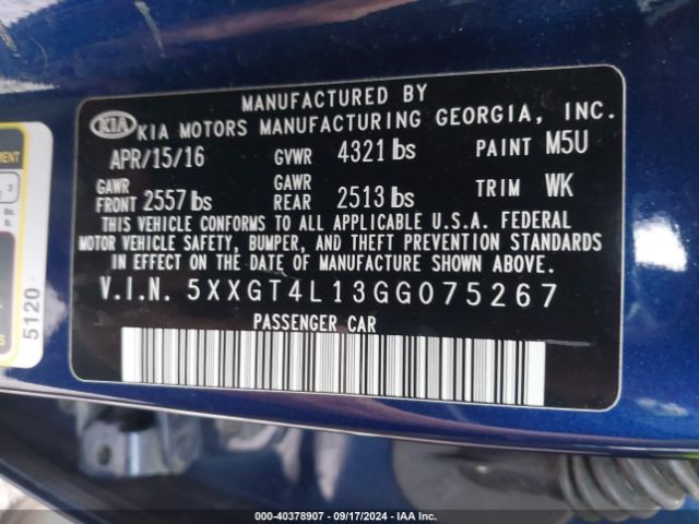 Photo 8 VIN: 5XXGT4L13GG075267 - KIA OPTIMA 