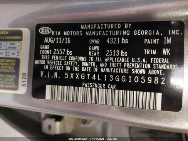 Photo 8 VIN: 5XXGT4L13GG105982 - KIA OPTIMA 