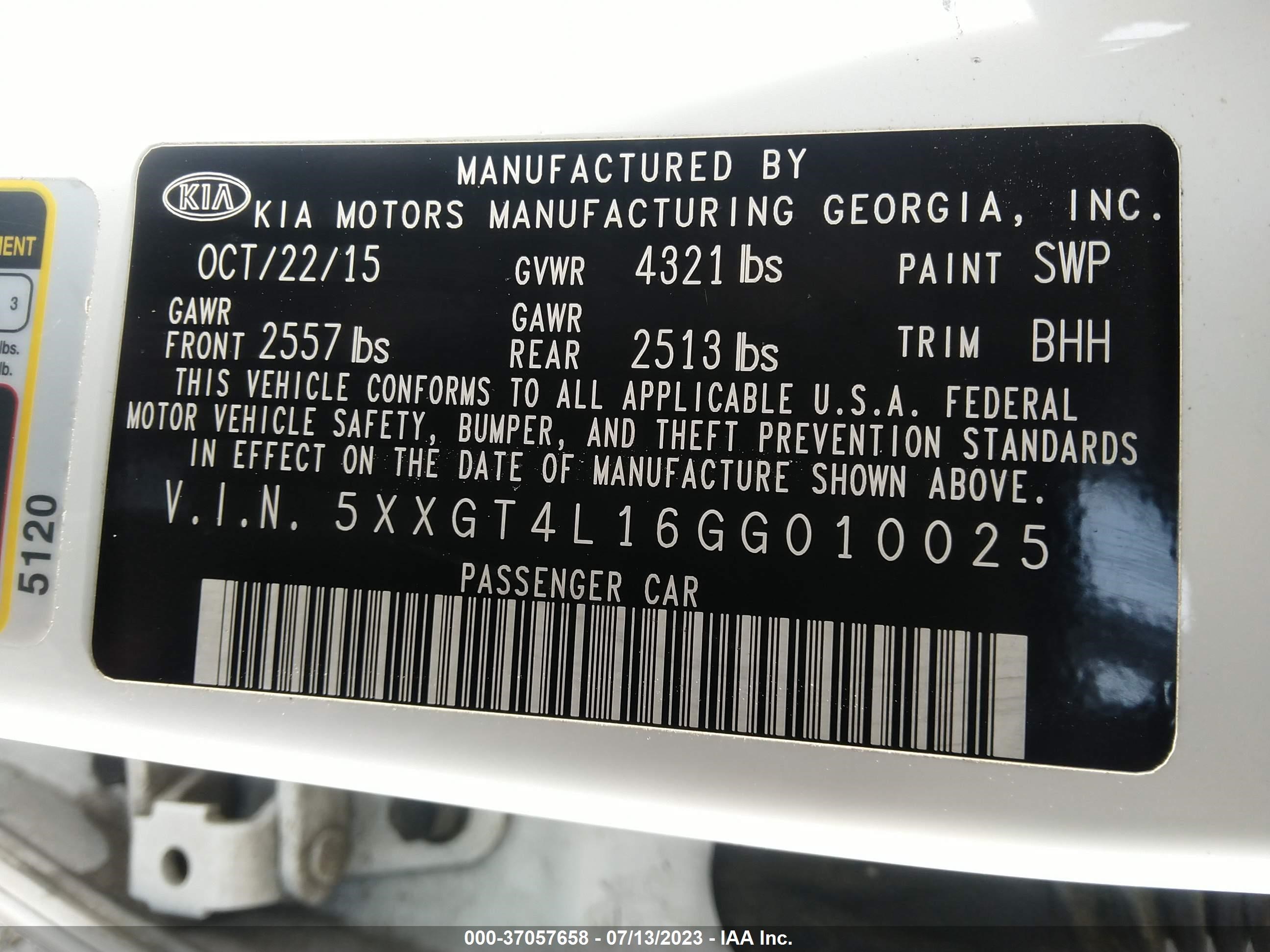 Photo 8 VIN: 5XXGT4L16GG010025 - KIA OPTIMA 