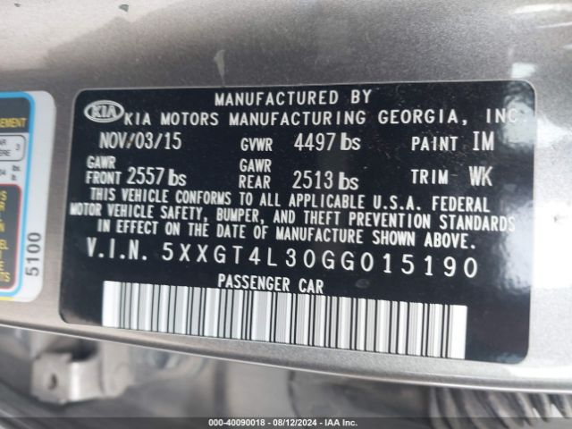 Photo 8 VIN: 5XXGT4L30GG015190 - KIA OPTIMA 