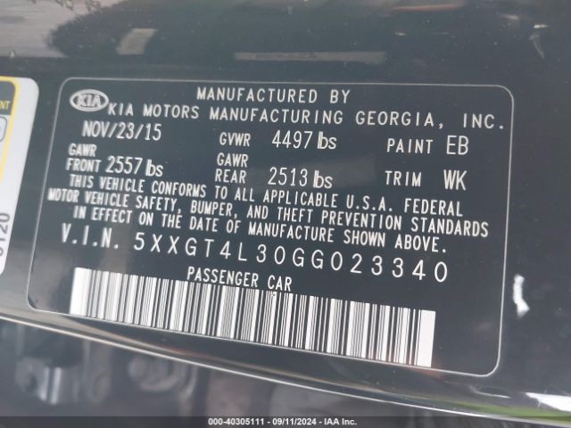 Photo 8 VIN: 5XXGT4L30GG023340 - KIA OPTIMA 