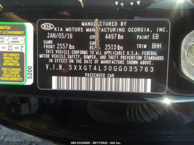 Photo 8 VIN: 5XXGT4L30GG035763 - KIA OPTIMA 