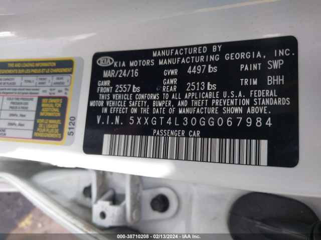 Photo 8 VIN: 5XXGT4L30GG067984 - KIA OPTIMA 