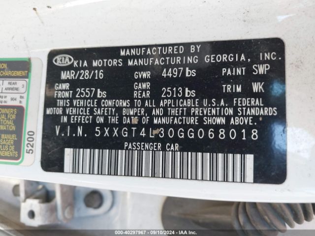 Photo 8 VIN: 5XXGT4L30GG068018 - KIA OPTIMA 