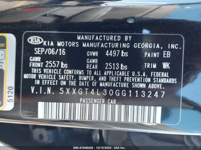 Photo 8 VIN: 5XXGT4L30GG113247 - KIA OPTIMA 