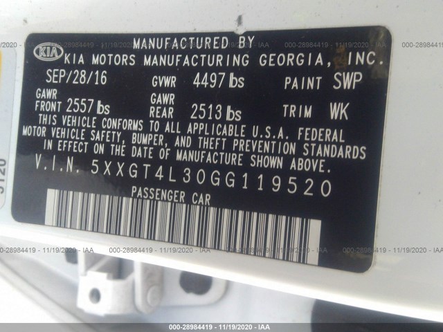 Photo 8 VIN: 5XXGT4L30GG119520 - KIA OPTIMA 