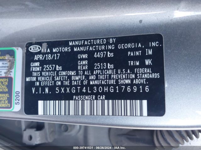 Photo 8 VIN: 5XXGT4L30HG176916 - KIA OPTIMA 