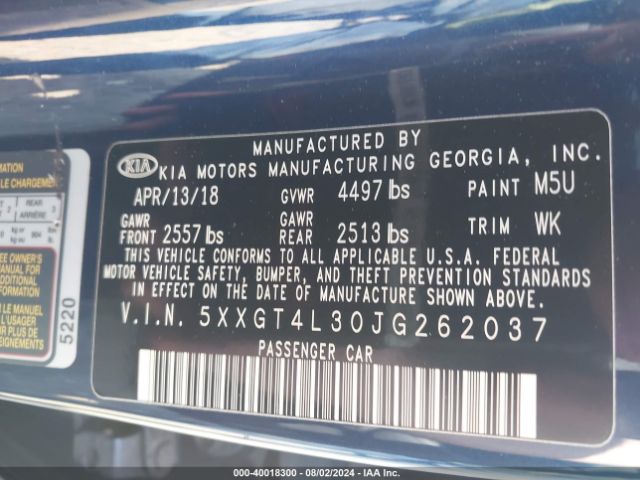 Photo 8 VIN: 5XXGT4L30JG262037 - KIA OPTIMA 