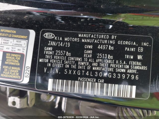 Photo 8 VIN: 5XXGT4L30KG339796 - KIA OPTIMA 