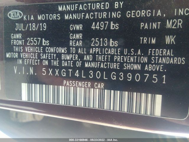 Photo 8 VIN: 5XXGT4L30LG390751 - KIA OPTIMA 