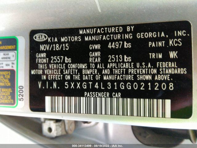 Photo 8 VIN: 5XXGT4L31GG021208 - KIA OPTIMA 