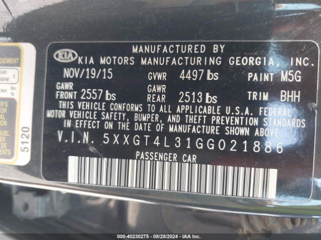 Photo 8 VIN: 5XXGT4L31GG021886 - KIA OPTIMA 