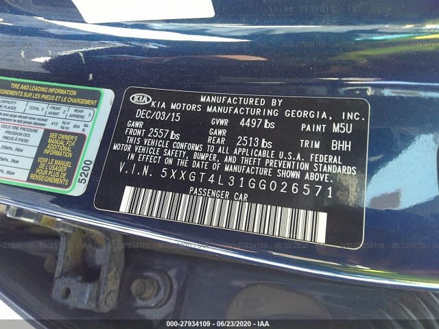 Photo 8 VIN: 5XXGT4L31GG026571 - KIA OPTIMA 