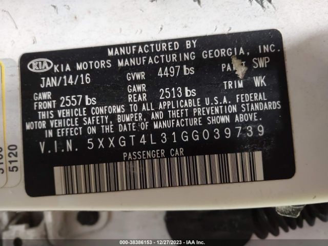 Photo 8 VIN: 5XXGT4L31GG039739 - KIA OPTIMA 