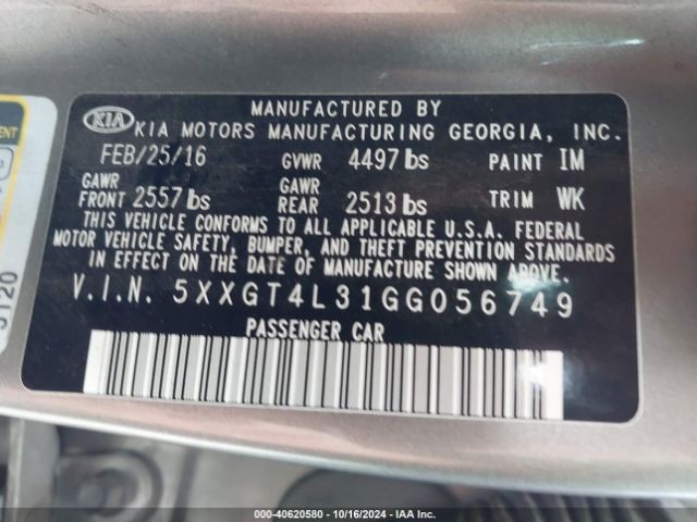 Photo 8 VIN: 5XXGT4L31GG056749 - KIA OPTIMA 