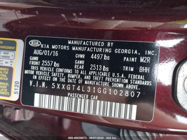 Photo 8 VIN: 5XXGT4L31GG102807 - KIA OPTIMA 