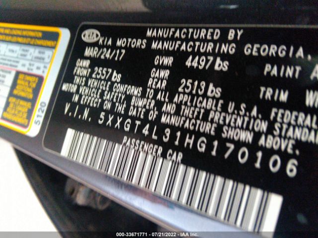 Photo 8 VIN: 5XXGT4L31HG170106 - KIA OPTIMA 