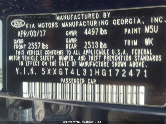 Photo 8 VIN: 5XXGT4L31HG172471 - KIA OPTIMA 