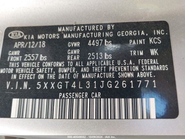 Photo 8 VIN: 5XXGT4L31JG261771 - KIA OPTIMA 