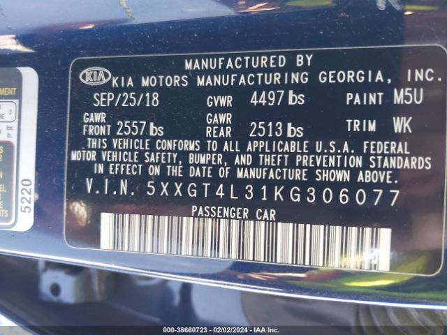 Photo 8 VIN: 5XXGT4L31KG306077 - KIA OPTIMA 