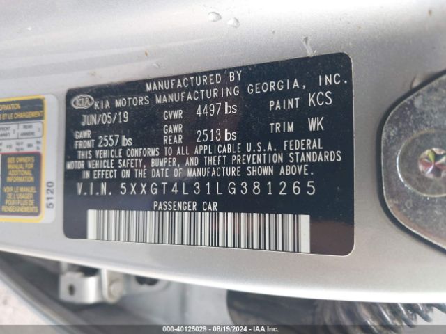 Photo 8 VIN: 5XXGT4L31LG381265 - KIA OPTIMA 