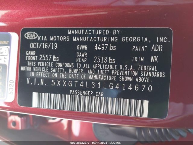 Photo 8 VIN: 5XXGT4L31LG414670 - KIA OPTIMA 