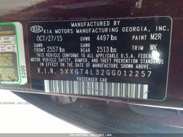 Photo 8 VIN: 5XXGT4L32GG012257 - KIA OPTIMA 