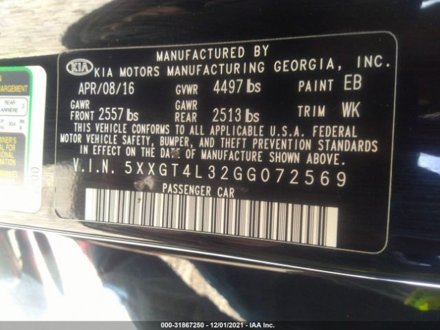 Photo 8 VIN: 5XXGT4L32GG072569 - KIA OPTIMA 