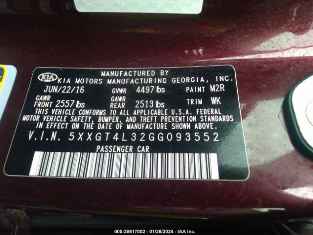 Photo 8 VIN: 5XXGT4L32GG093552 - KIA OPTIMA 