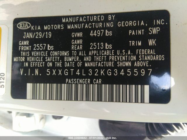 Photo 8 VIN: 5XXGT4L32KG345597 - KIA OPTIMA 