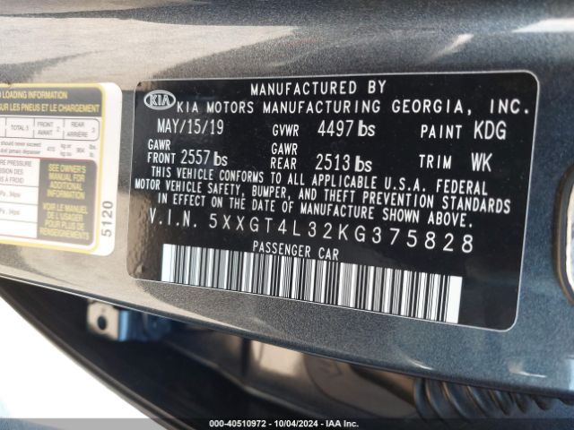 Photo 8 VIN: 5XXGT4L32KG375828 - KIA OPTIMA 