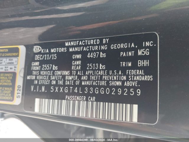 Photo 8 VIN: 5XXGT4L33GG029259 - KIA OPTIMA 