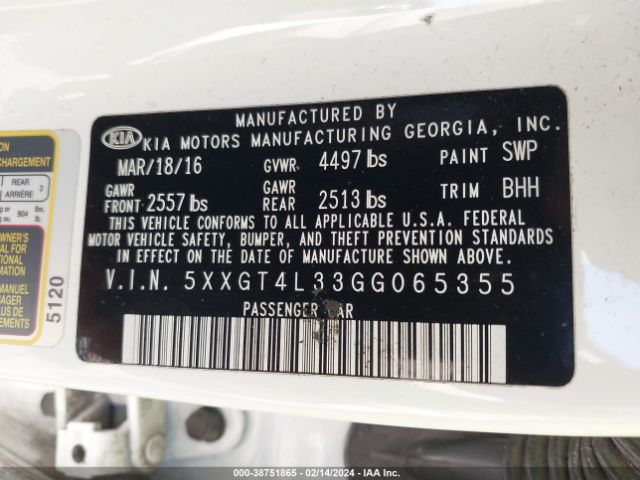 Photo 8 VIN: 5XXGT4L33GG065355 - KIA OPTIMA 