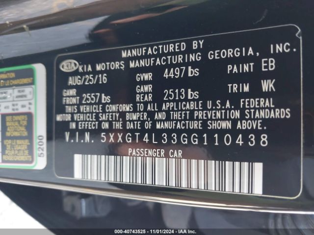 Photo 8 VIN: 5XXGT4L33GG110438 - KIA OPTIMA 