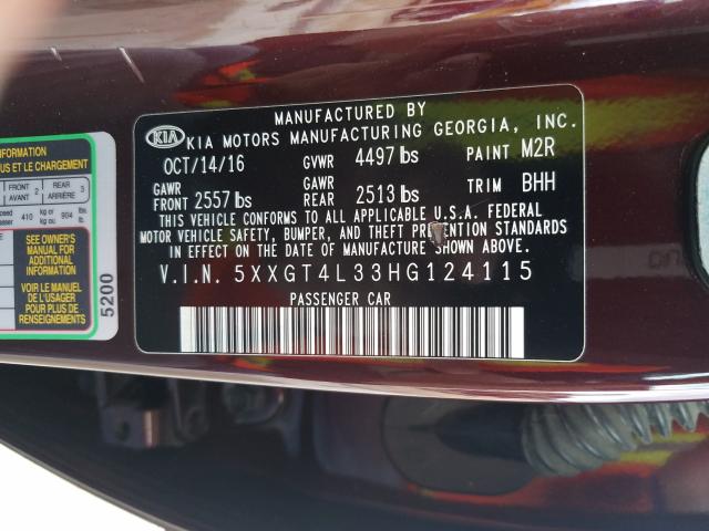 Photo 9 VIN: 5XXGT4L33HG124115 - KIA OPTIMA LX 