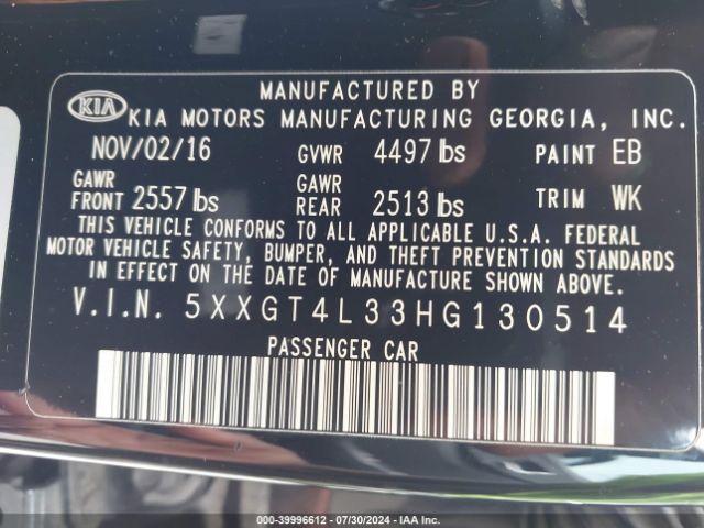 Photo 8 VIN: 5XXGT4L33HG130514 - KIA OPTIMA 