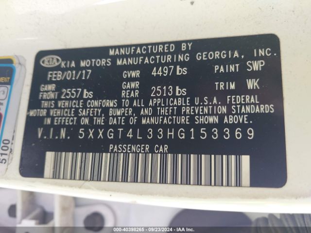 Photo 8 VIN: 5XXGT4L33HG153369 - KIA OPTIMA 