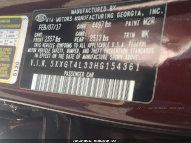 Photo 8 VIN: 5XXGT4L33HG154361 - KIA OPTIMA 