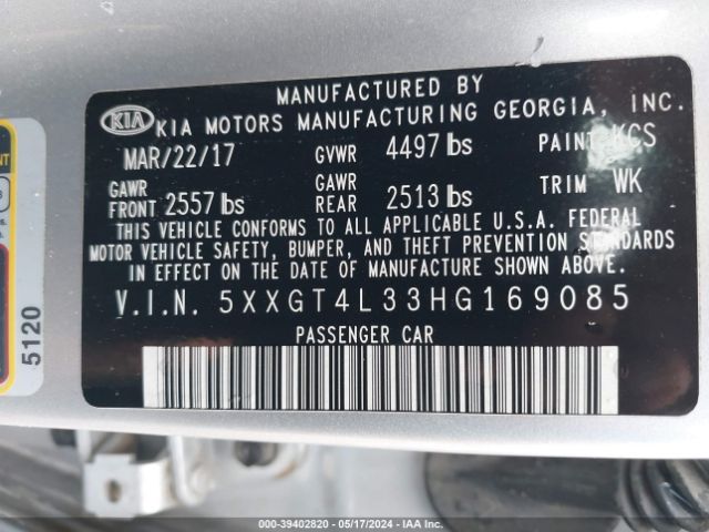 Photo 8 VIN: 5XXGT4L33HG169085 - KIA OPTIMA 