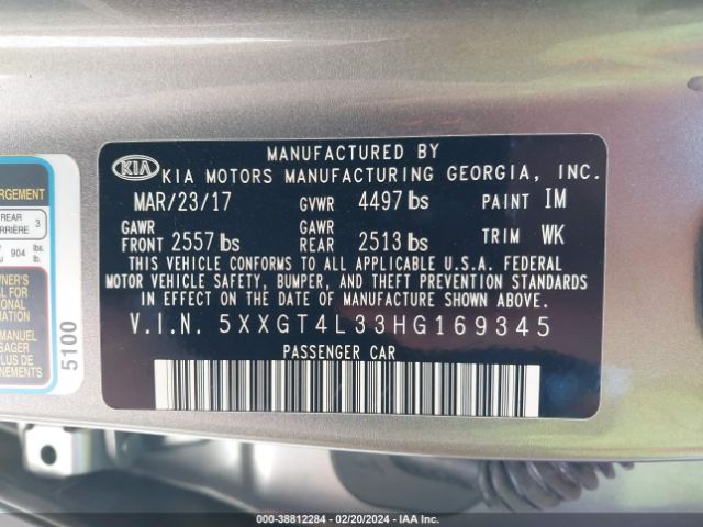 Photo 8 VIN: 5XXGT4L33HG169345 - KIA OPTIMA 