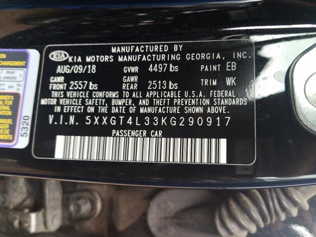 Photo 9 VIN: 5XXGT4L33KG290917 - KIA OPTIMA LX 