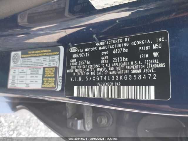 Photo 8 VIN: 5XXGT4L33KG358472 - KIA OPTIMA 