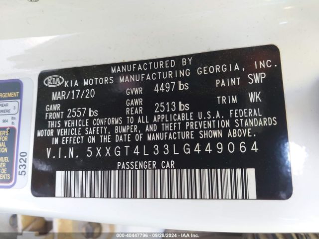 Photo 8 VIN: 5XXGT4L33LG449064 - KIA OPTIMA 