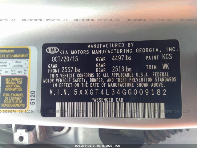 Photo 8 VIN: 5XXGT4L34GG009182 - KIA OPTIMA 