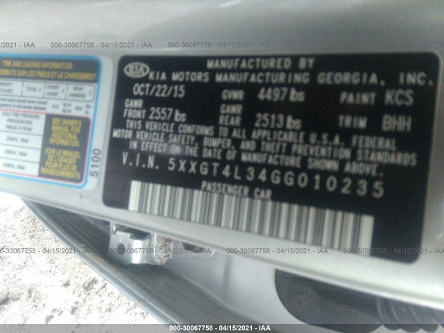 Photo 8 VIN: 5XXGT4L34GG010235 - KIA OPTIMA 