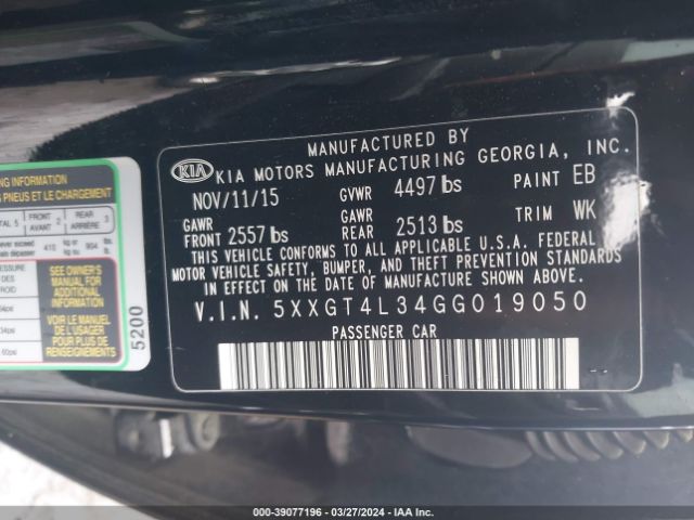 Photo 8 VIN: 5XXGT4L34GG019050 - KIA OPTIMA 